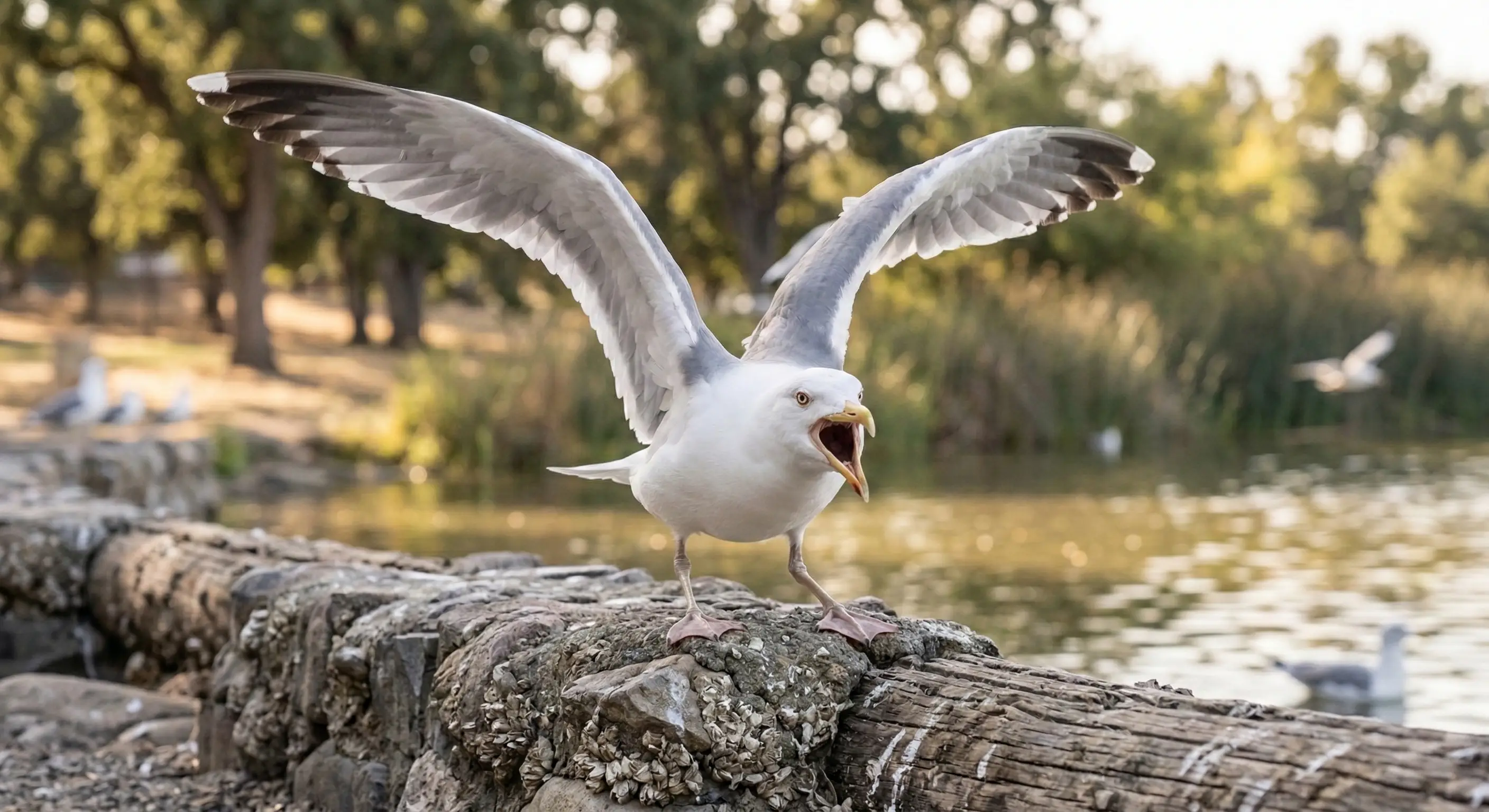 Seagull displaying aggressive territorial behavior