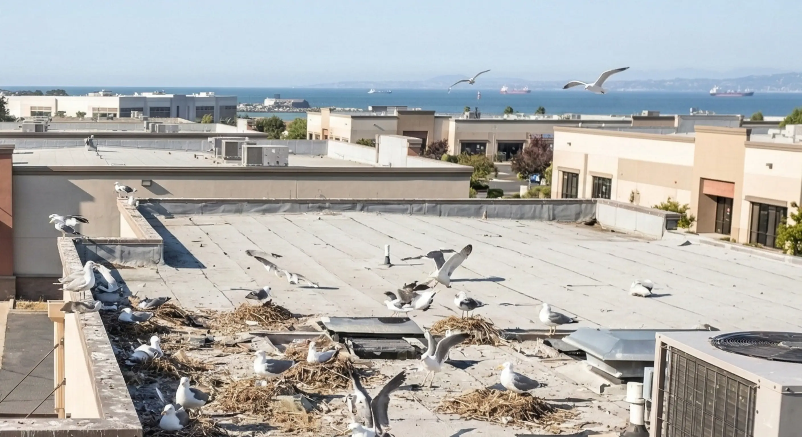 Seagulls nesting on flat commercial rooftop