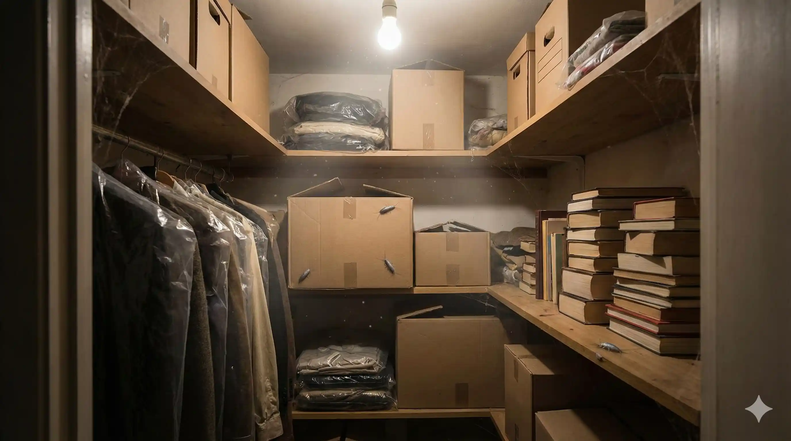 Dark cluttered storage area providing silverfish harborage