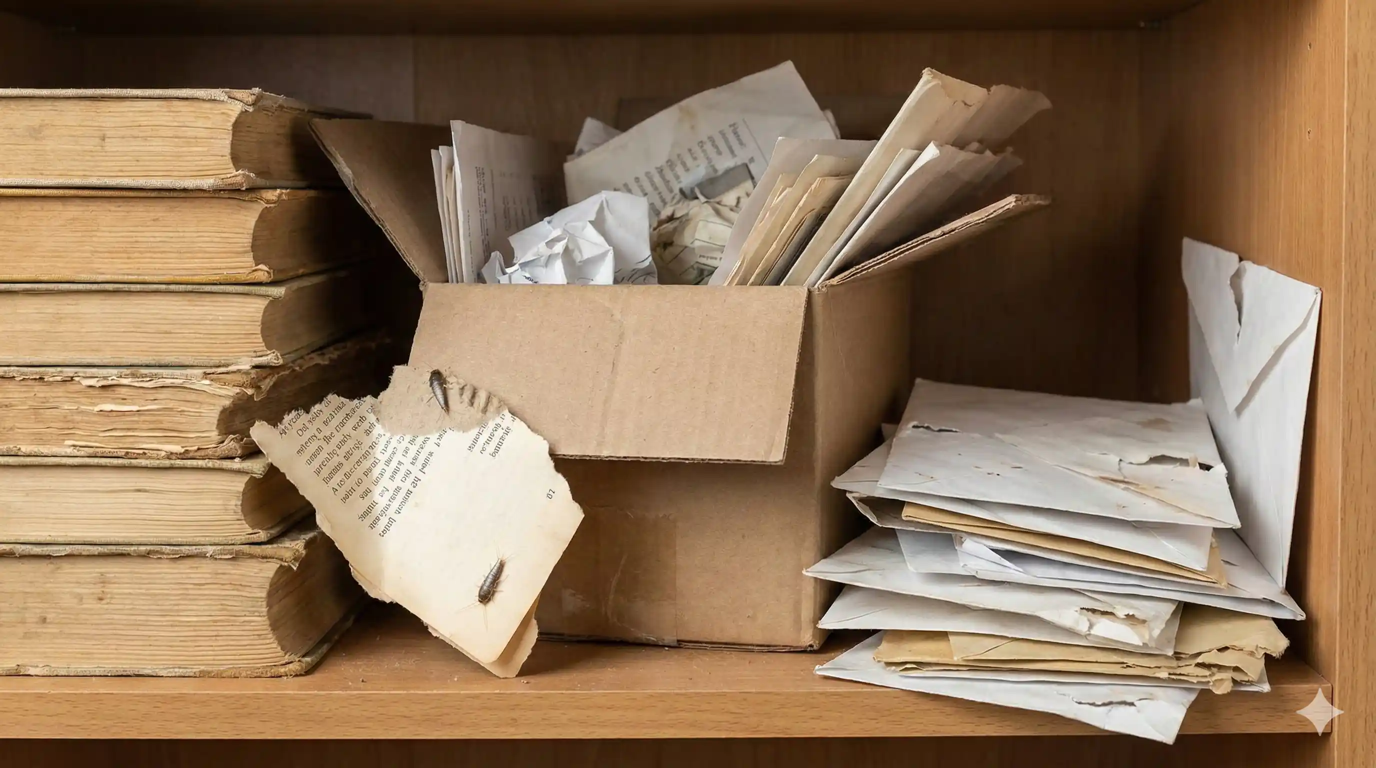 Books, papers, and cardboard providing silverfish food sources
