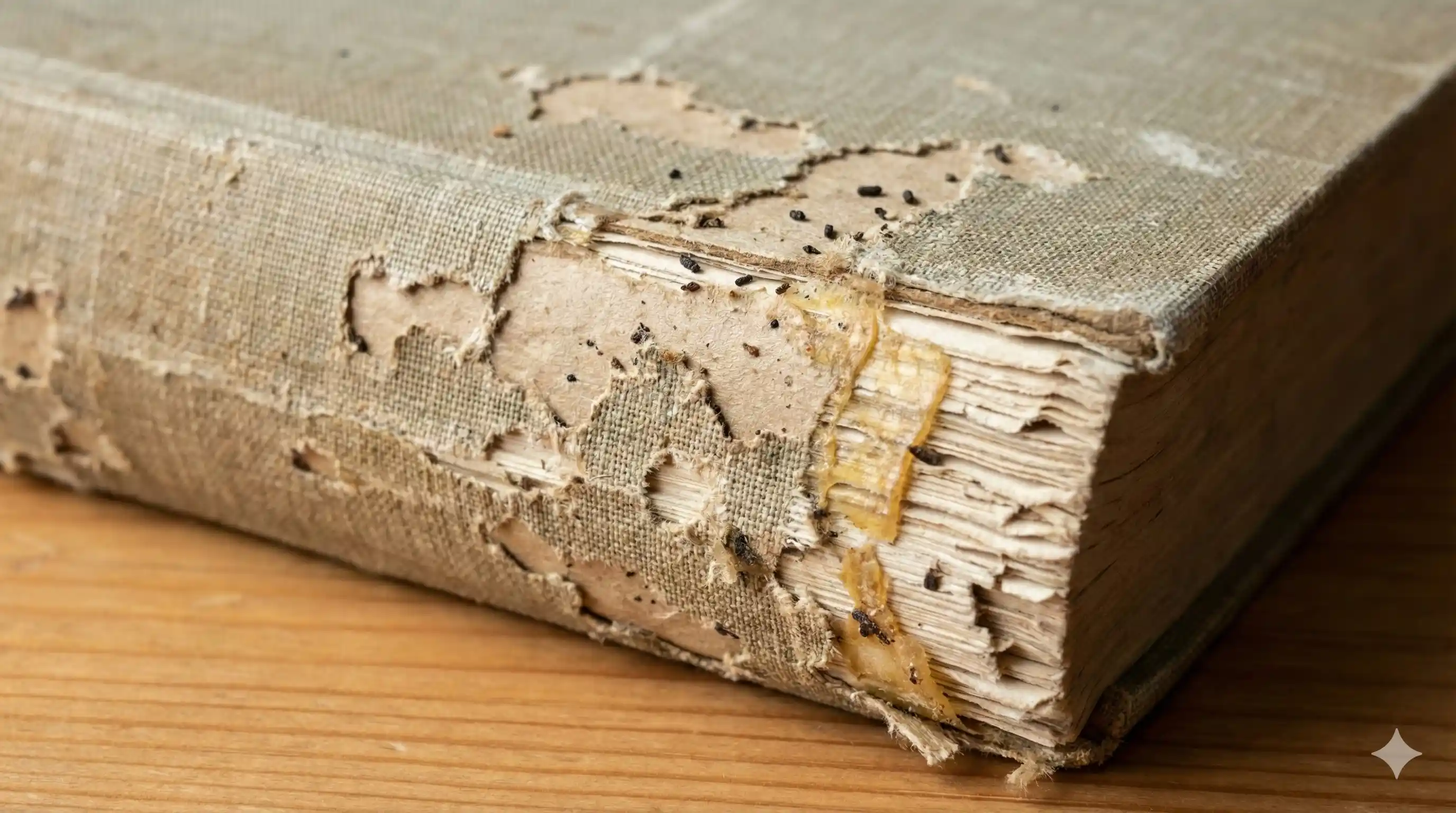 Book binding showing silverfish damage to paper and adhesive