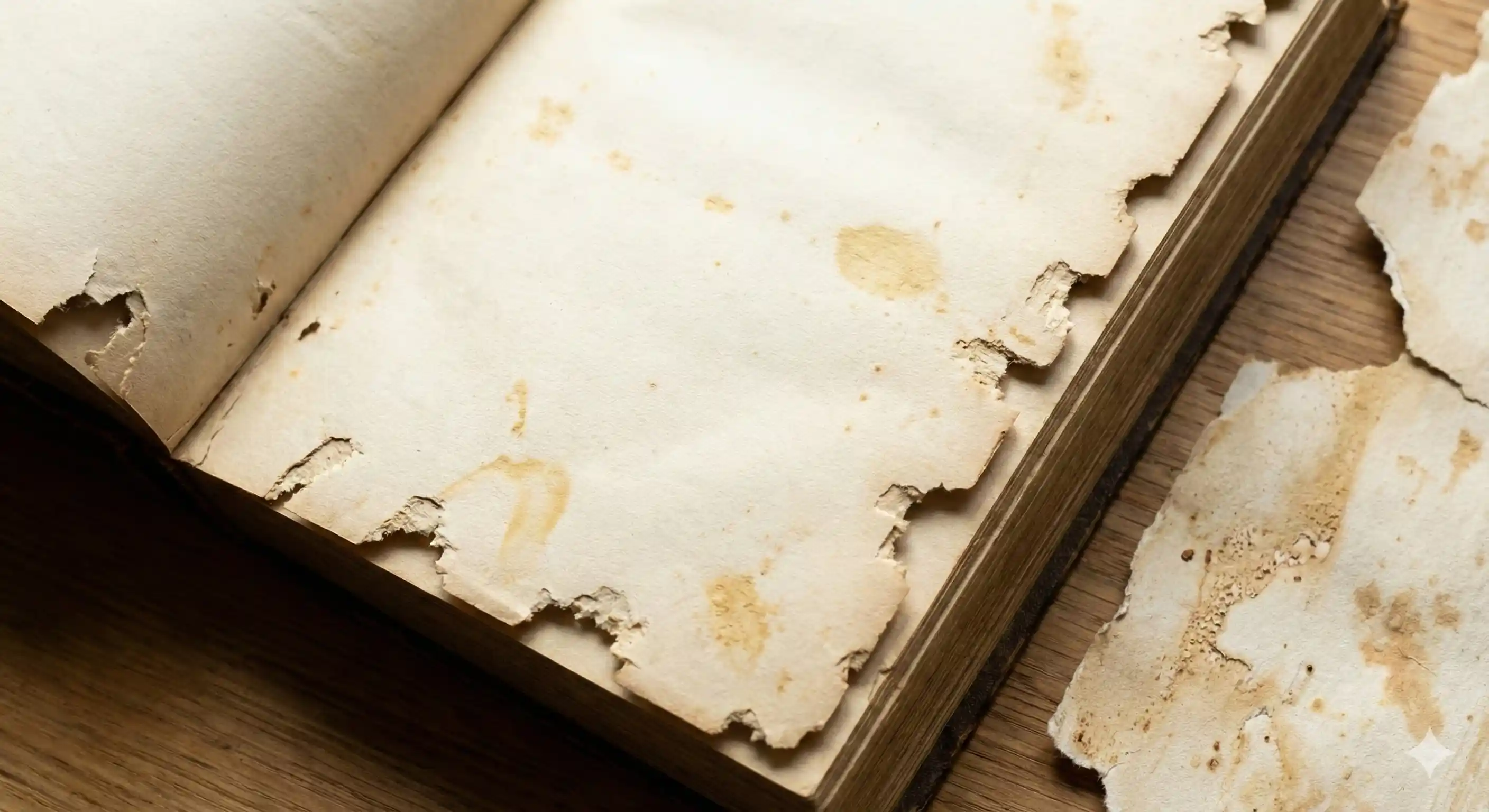 Paper showing yellowish stains and notched edges from silverfish feeding