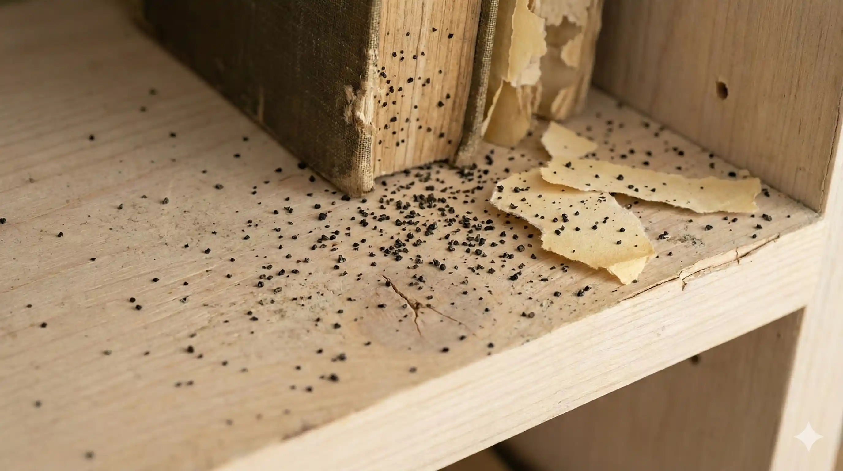Silverfish fecal deposits appearing as tiny black specks