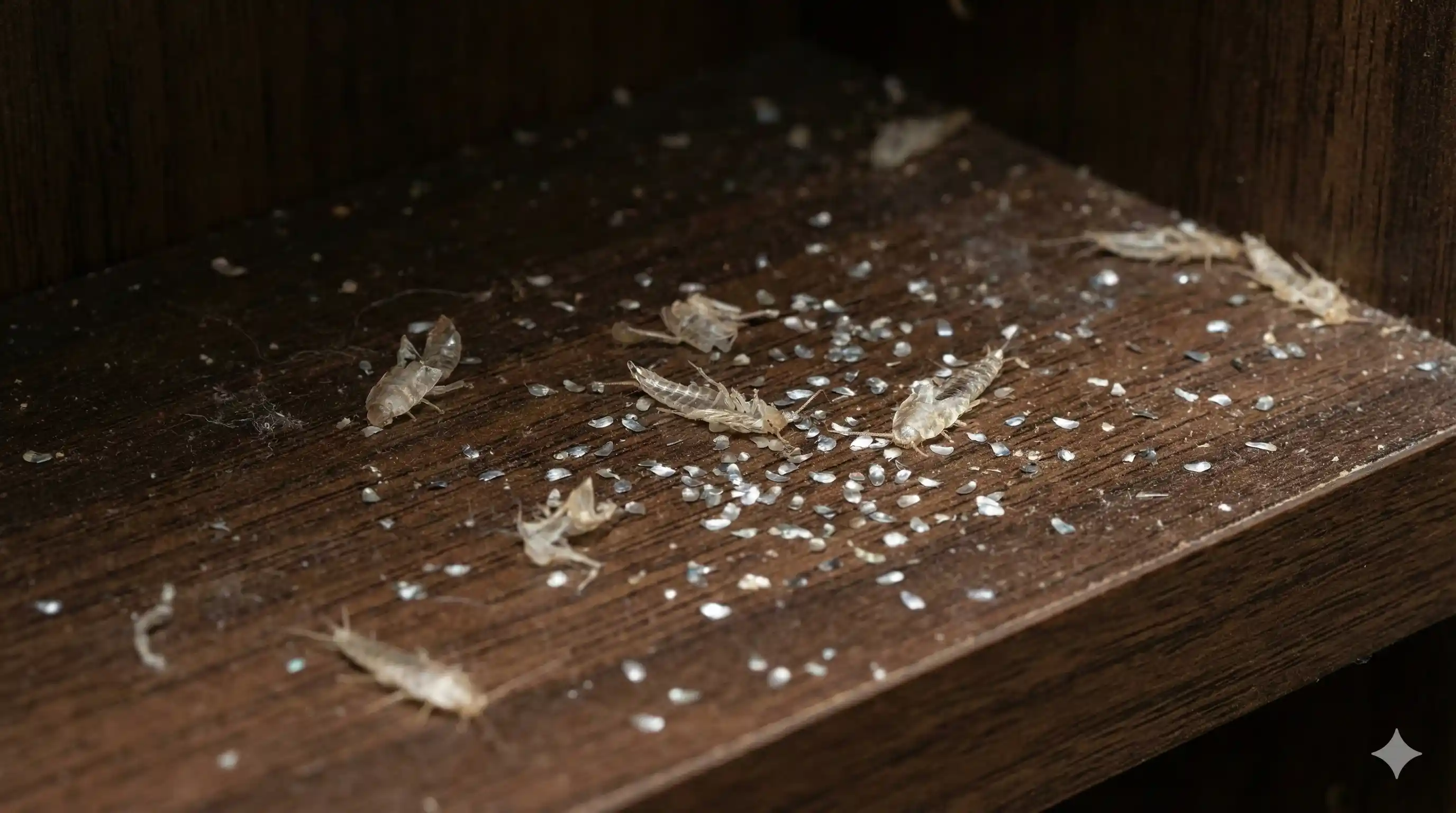 Shed silverfish scales and molted skin casings on shelf