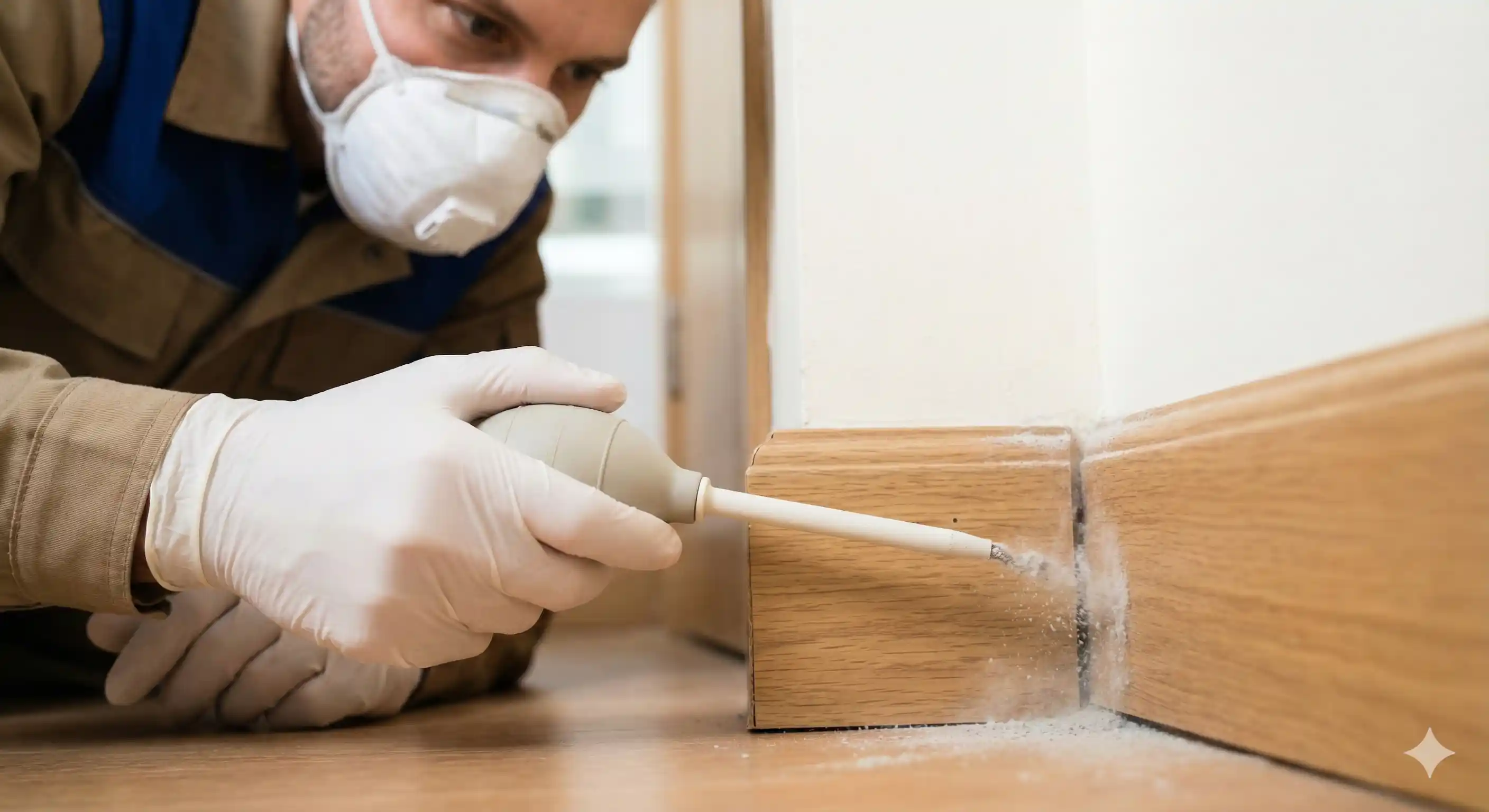 Technician applying targeted dust treatment into cracks and crevices for silverfish control