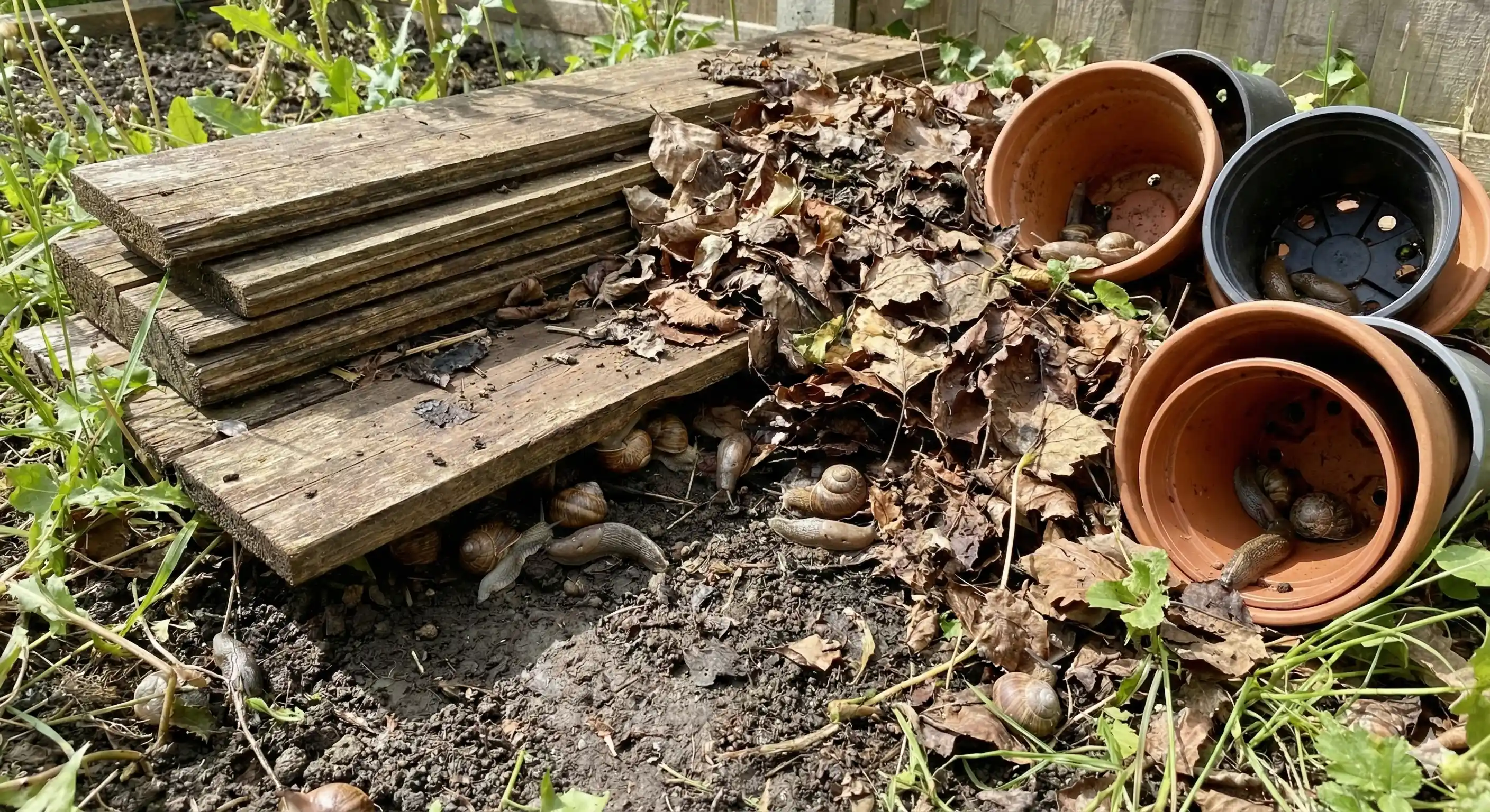 Debris and materials providing daytime harborage for snails and slugs