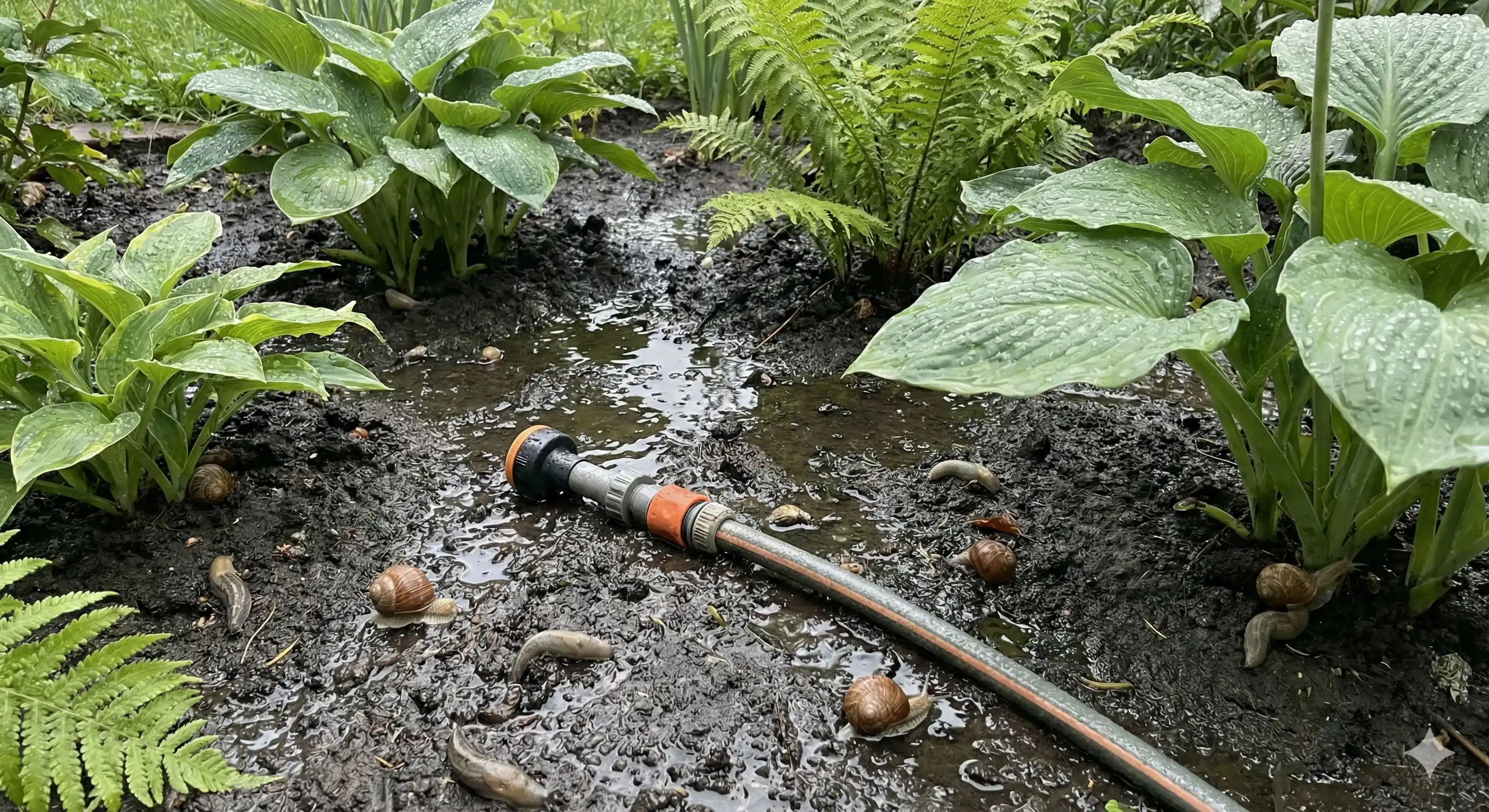 Wet garden conditions creating favorable snail and slug habitat
