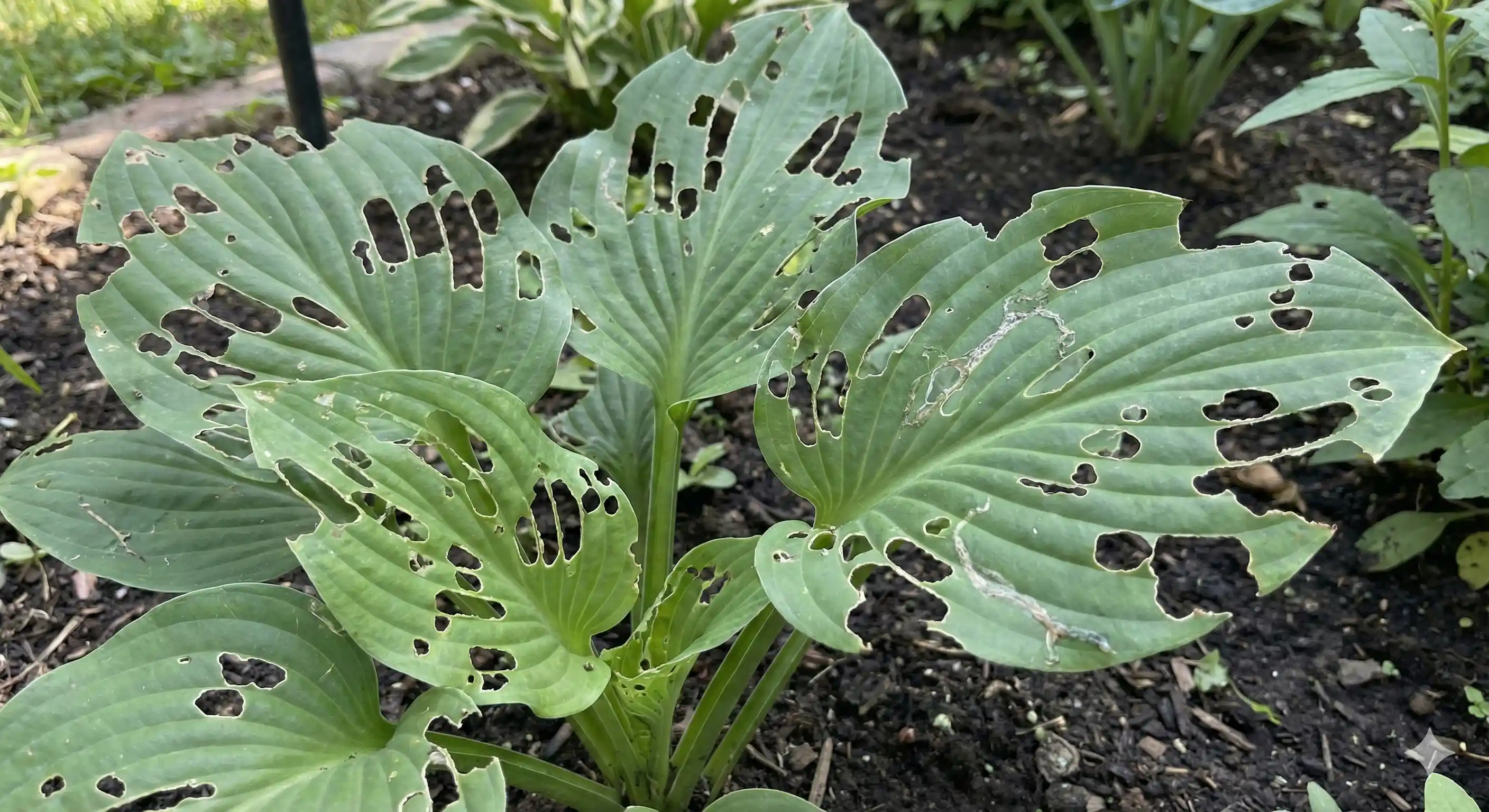 Plant leaves showing irregular holes and damage from snail and slug feeding