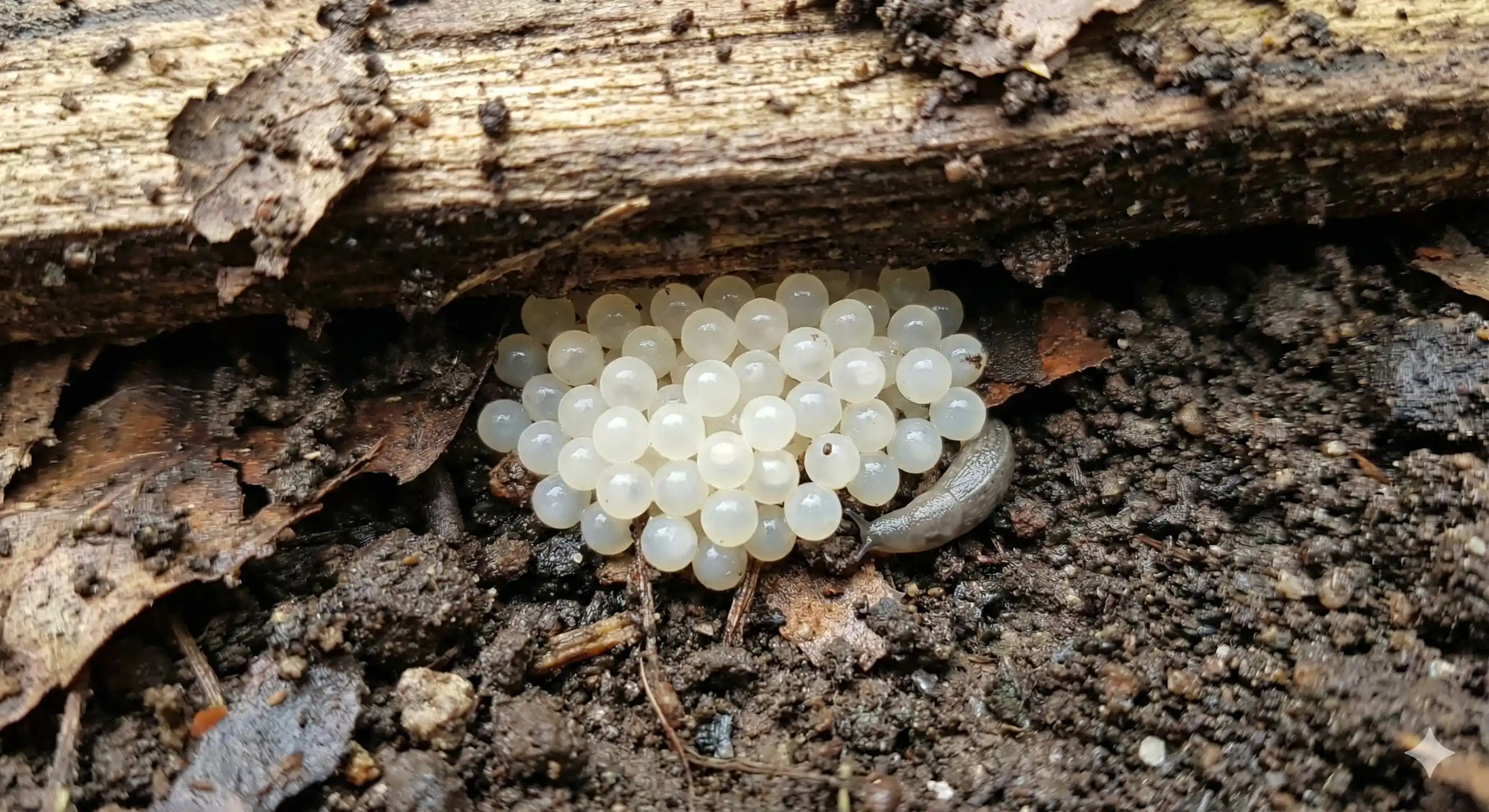Snail or slug egg cluster found beneath debris or in soil