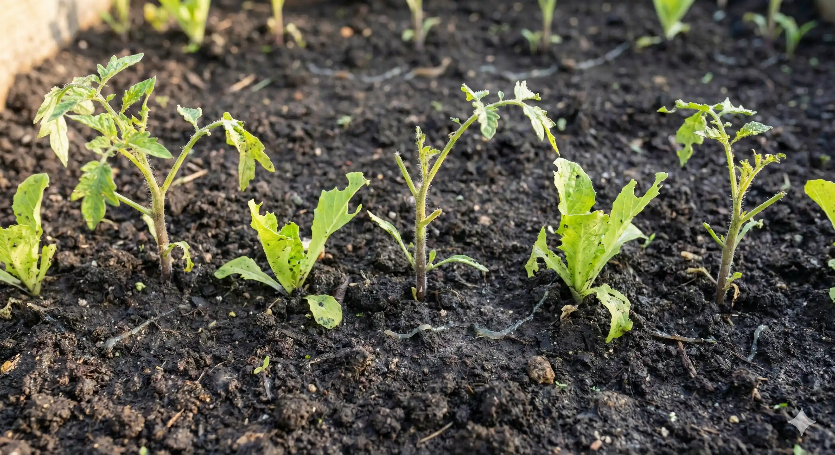 Damaged or destroyed seedlings from snail and slug feeding