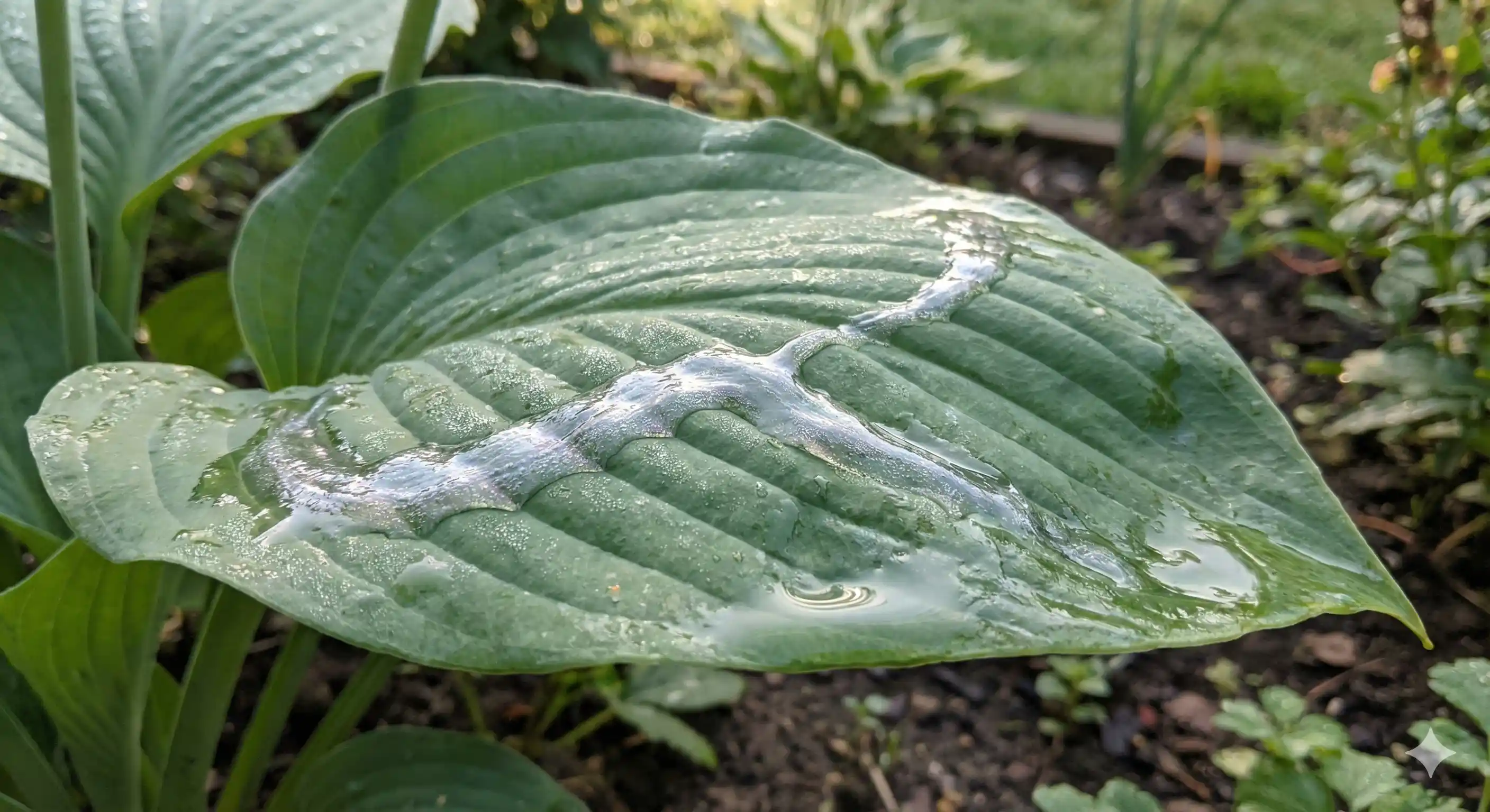 Silvery slime trail on plant leaf from snail or slug activity