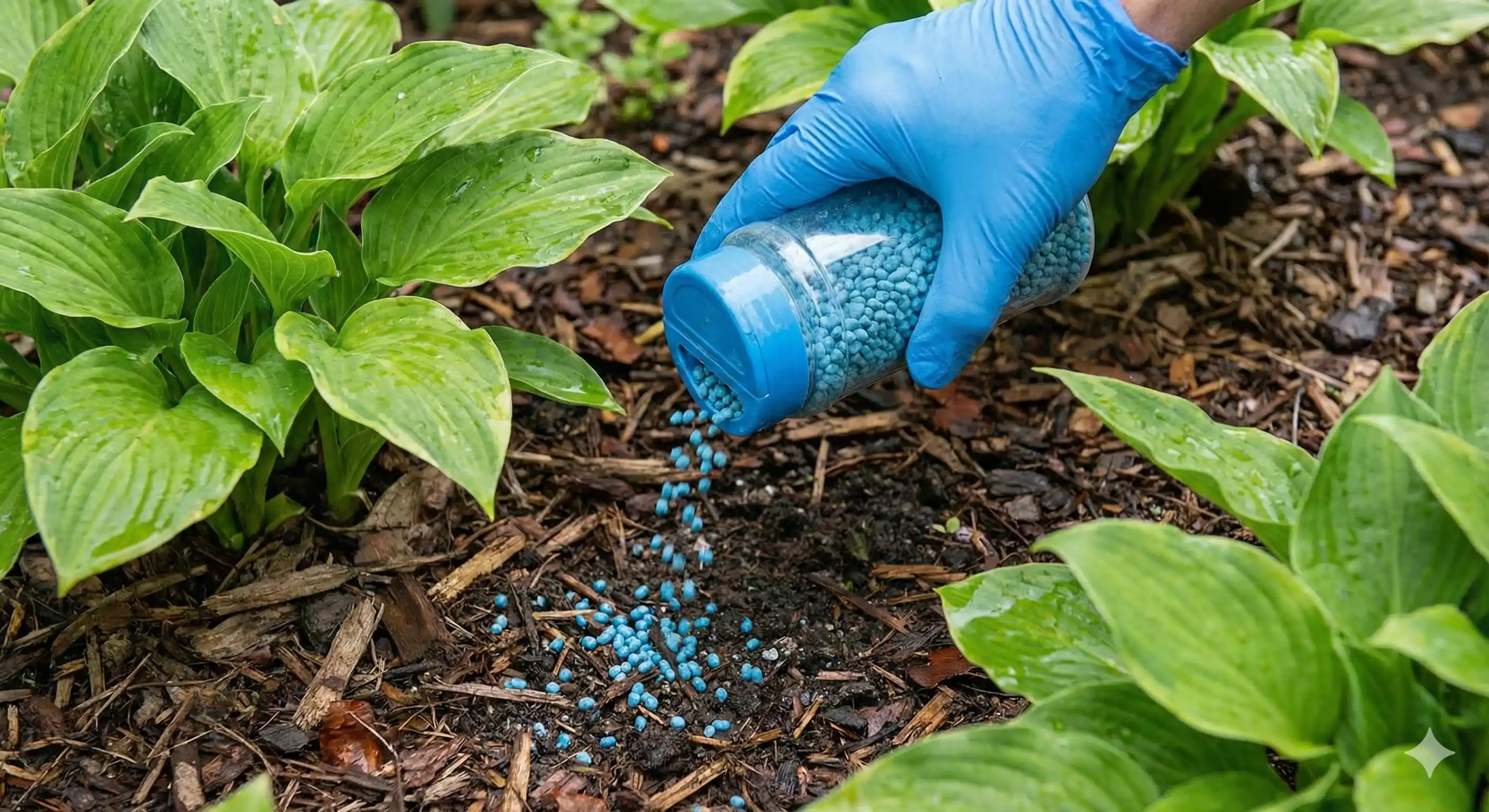 Technician applying professional molluscicide bait for snail and slug control