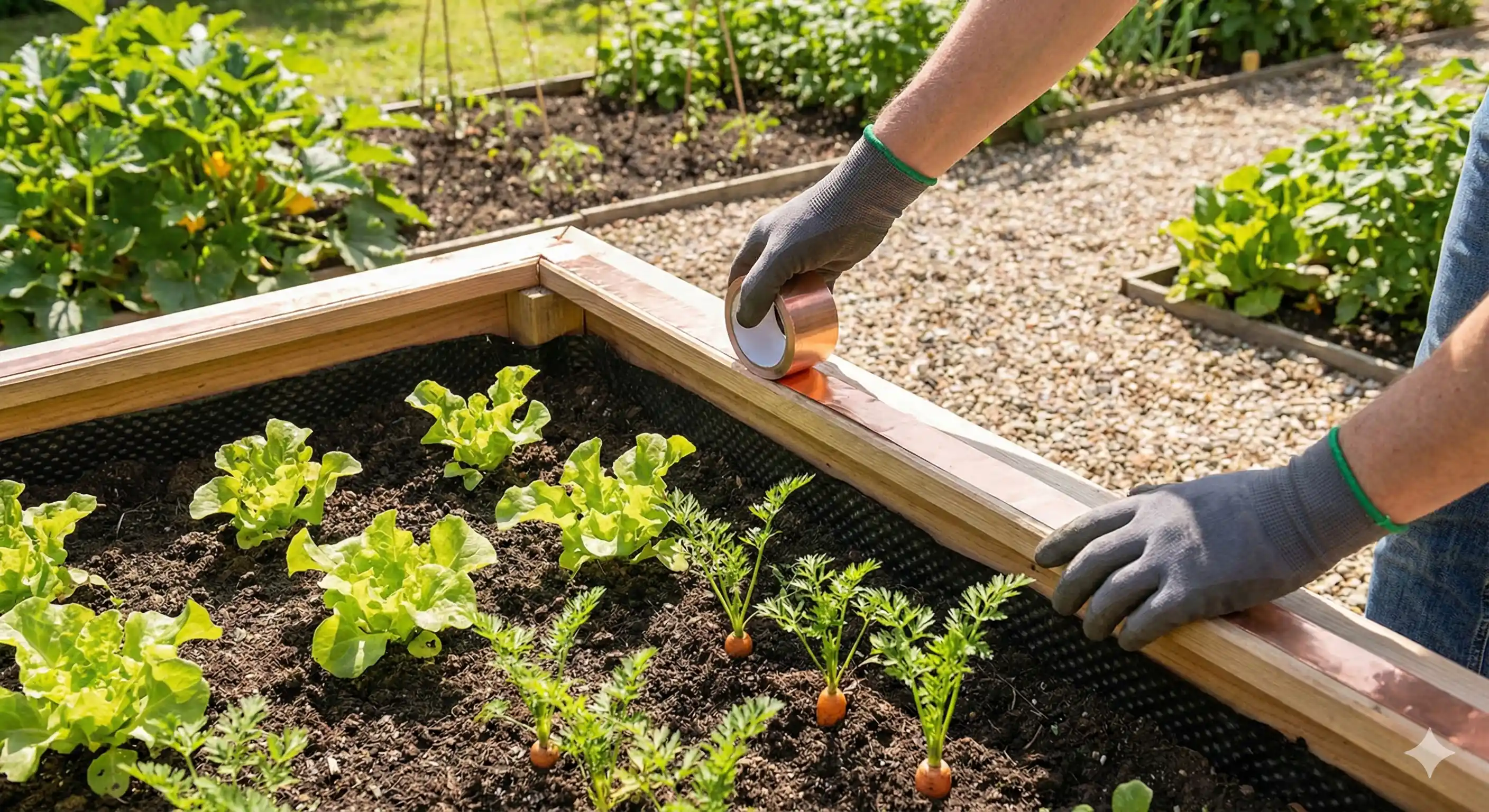 Applying barrier treatment to protect garden beds from snails and slugs