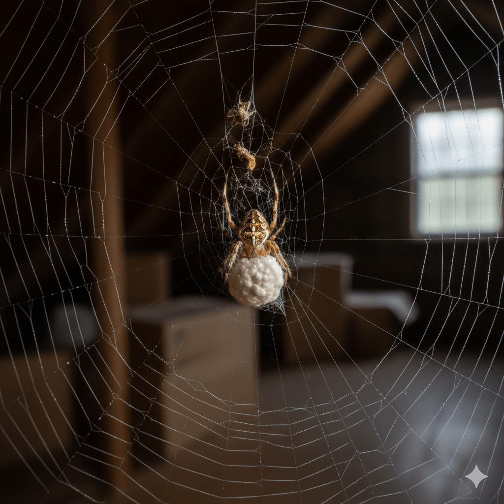 Spider egg sacs containing hundreds of baby spiders attached to web