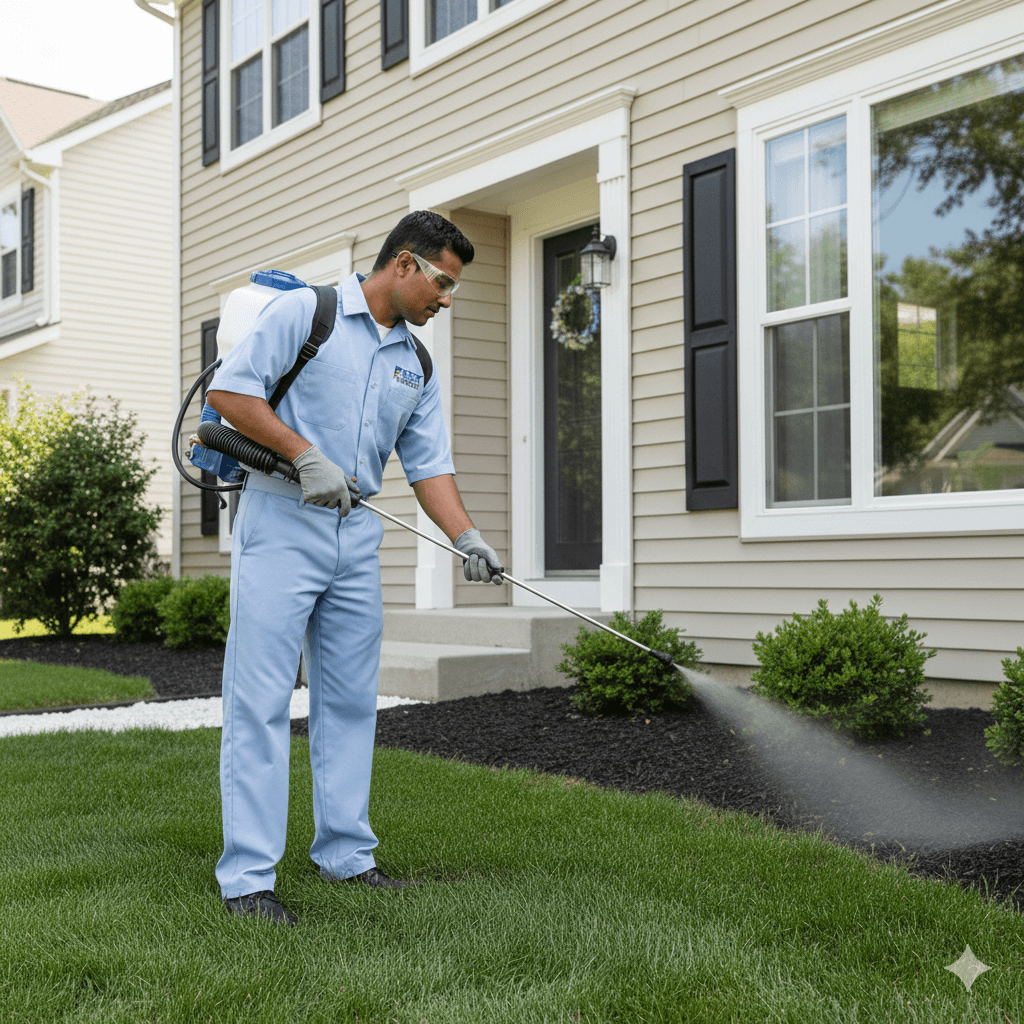 Exterior perimeter pesticide application creating barrier preventing spider entry