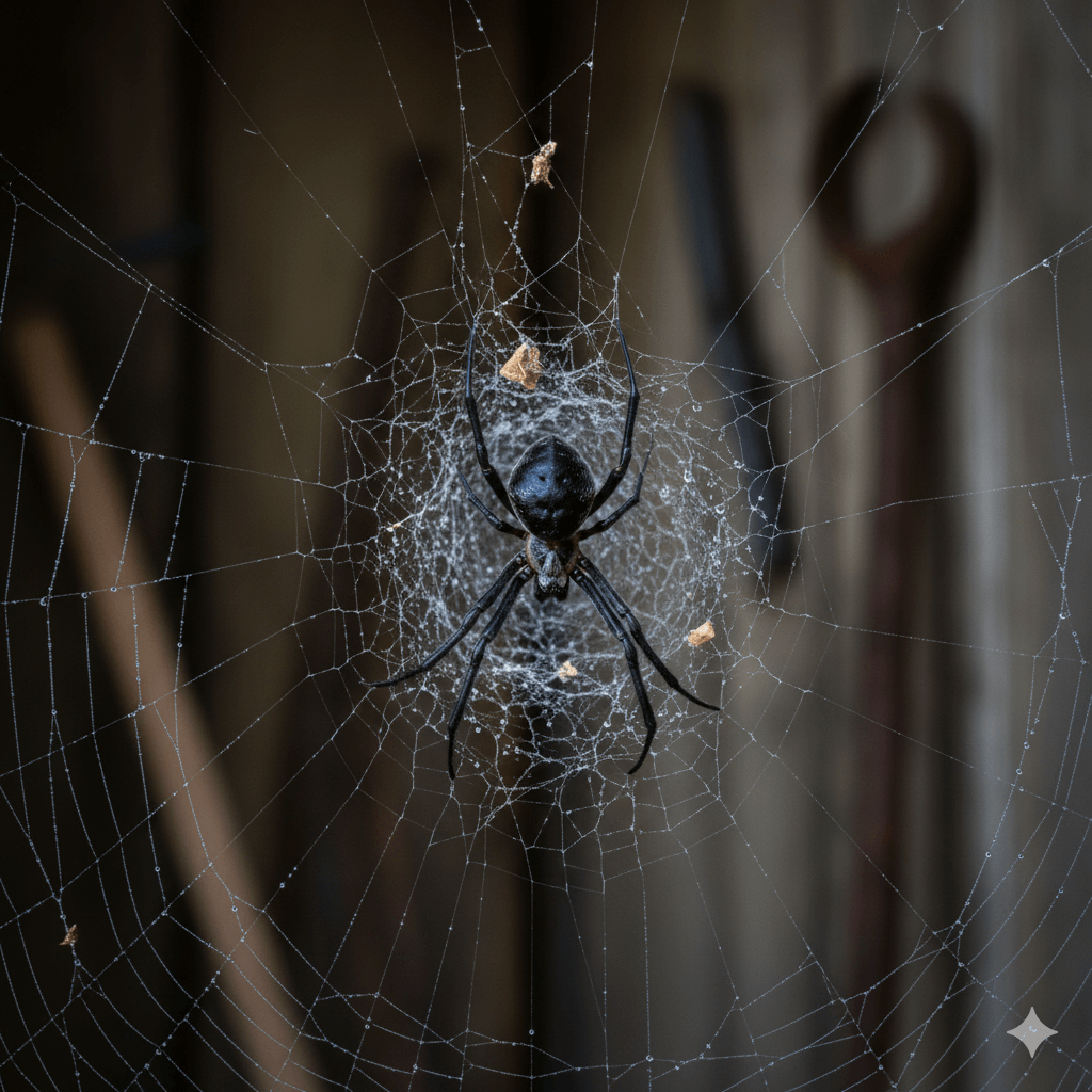 Black widow spider showing distinctive red hourglass marking on shiny black body