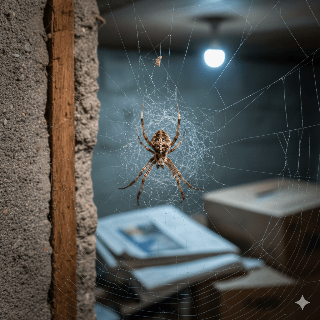 Common house spider building web in indoor corner location