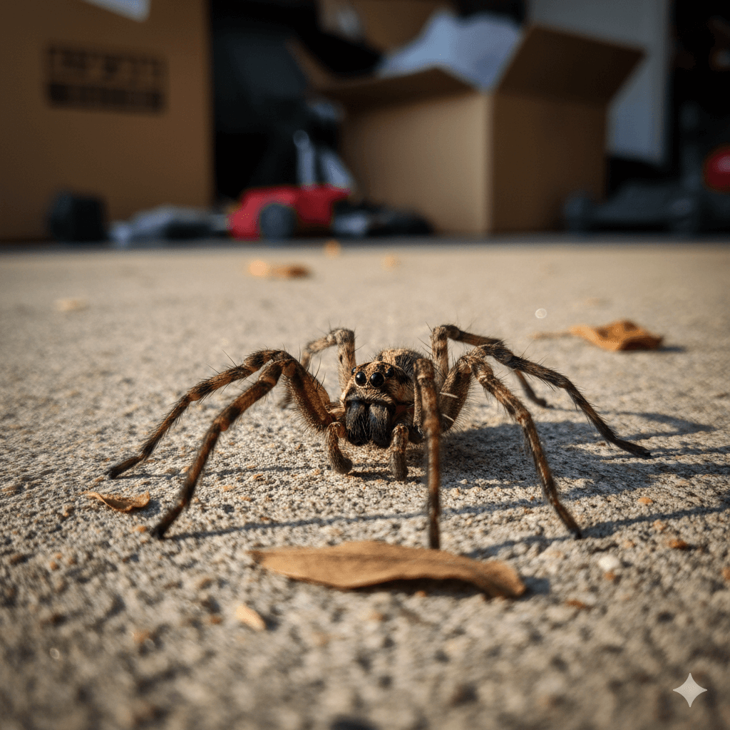 Large wolf spider actively hunting prey on ground near home foundation