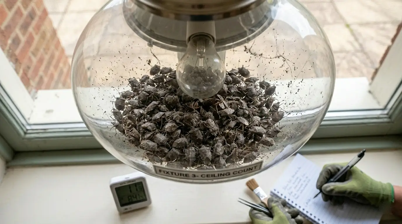 Dead stink bugs accumulated in ceiling light fixture