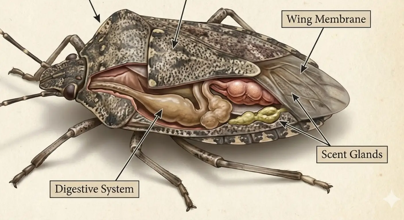 Illustration of stink bug defensive odor being released
