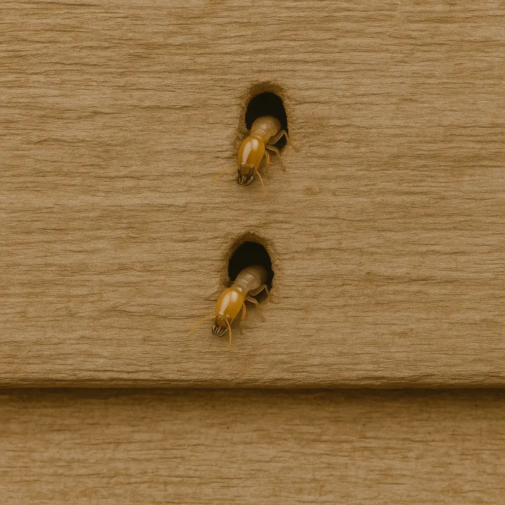 Tiny termite exit holes in drywall or wood surface