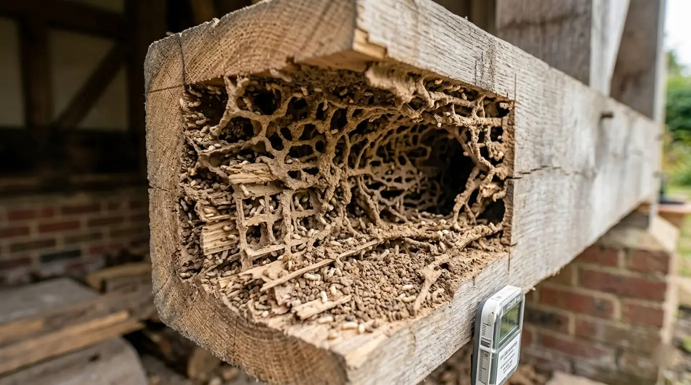 Wood beam showing hollow interior from termite damage