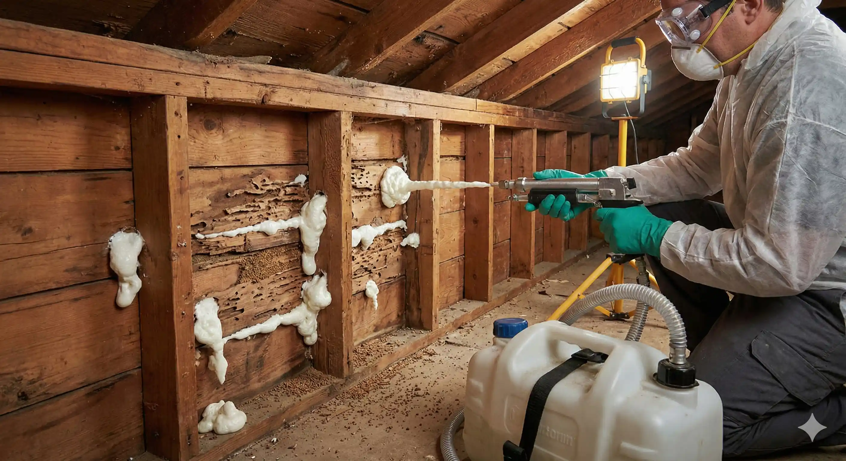 Applying expanding foam termiticide into wall void