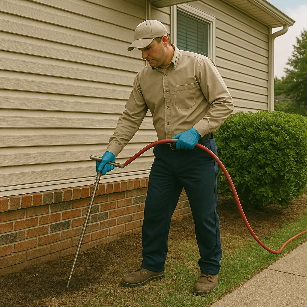 Trenching and rodding termiticide application along foundation