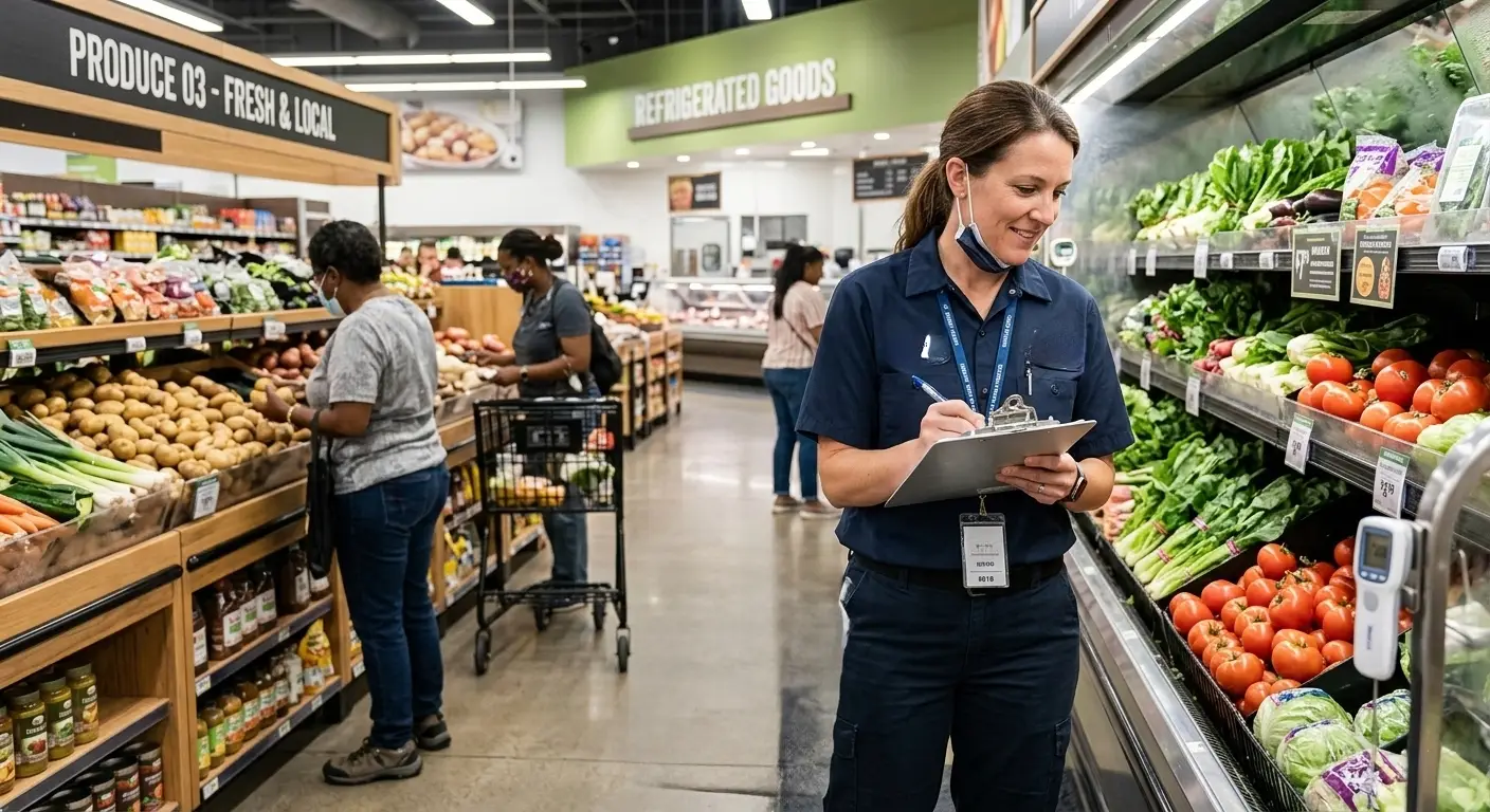 EcoGuard technician conducting FSMA-compliant inspection in grocery store