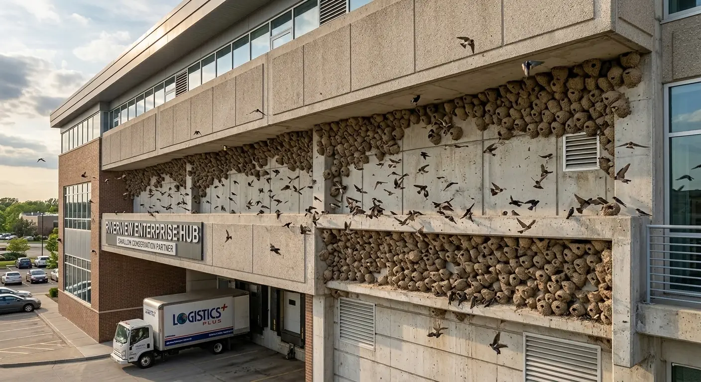 Large swallow colony with multiple mud nests on building