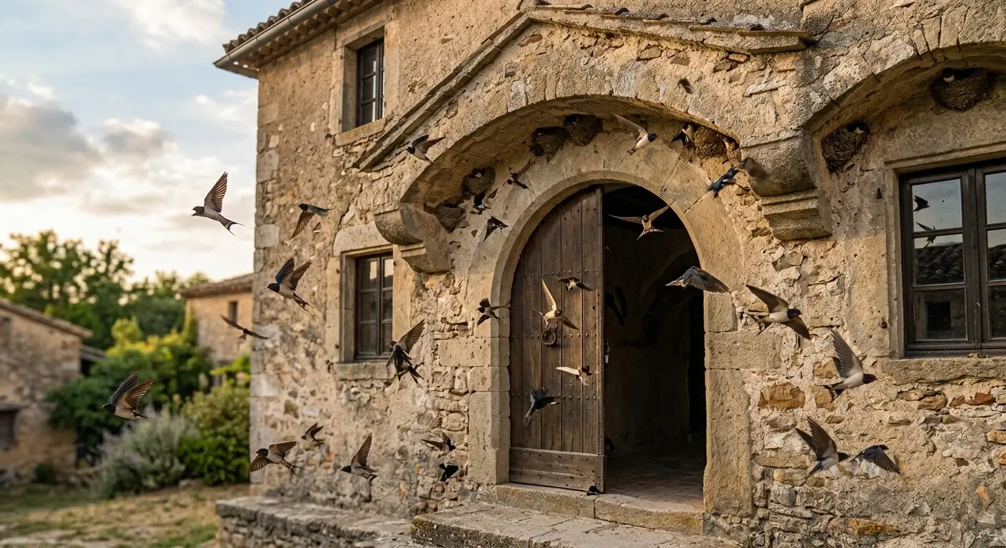 Swallows swooping near building indicating nesting activity