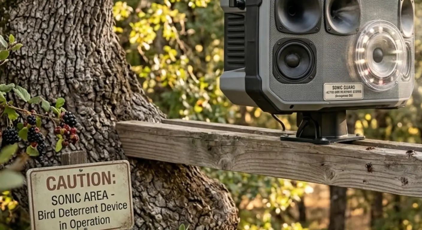 Audio deterrent device installed to scare away swallows