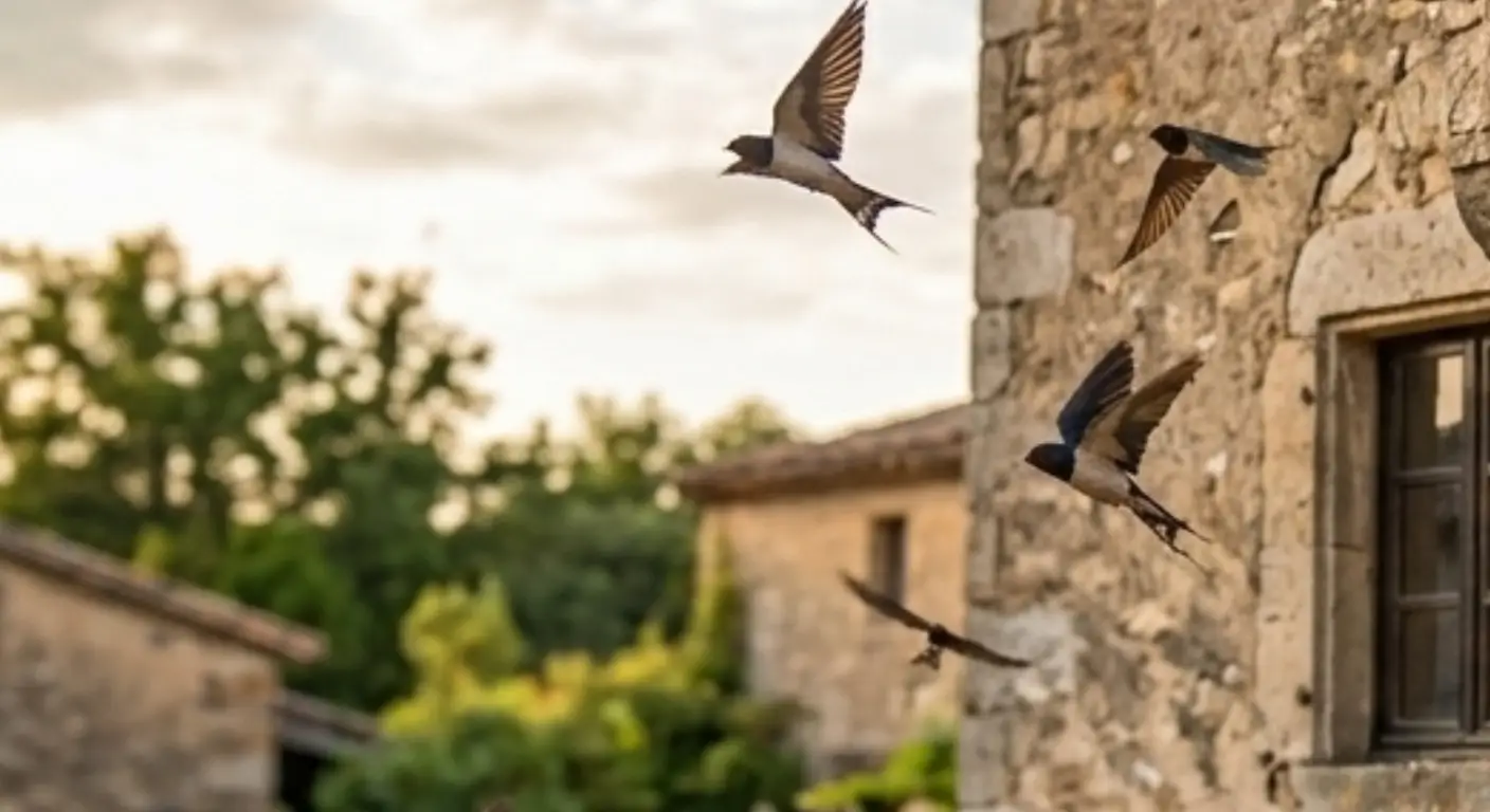 Swallows vocalizing near nesting colony on building