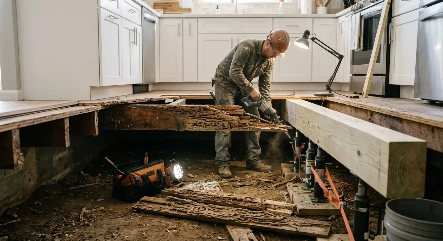 Contractor replacing termite-damaged wooden beam