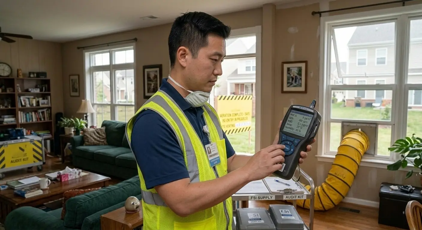 Technician testing air quality after fumigation