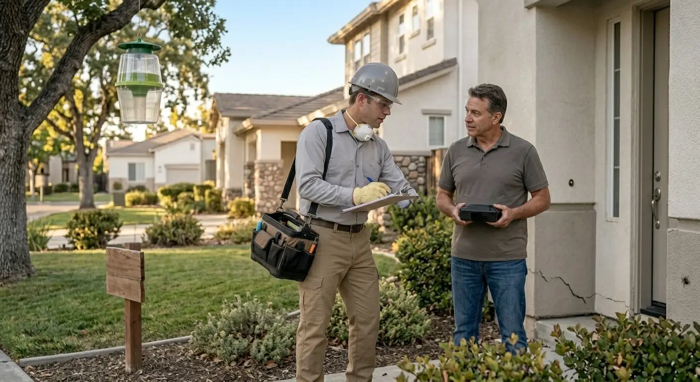 Technician explaining fumigation process to homeowner