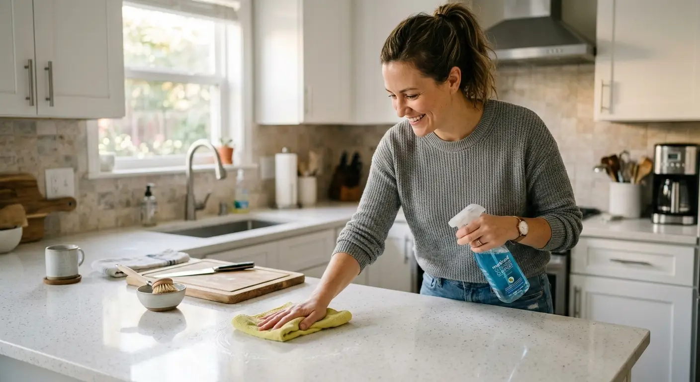 Homeowner cleaning surfaces after fumigation