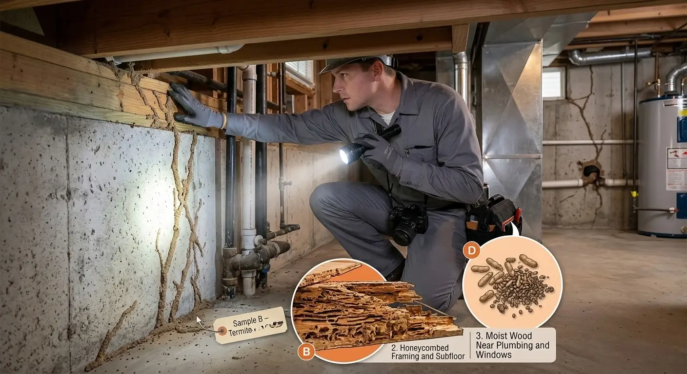 Termite mud tubes on foundation wall