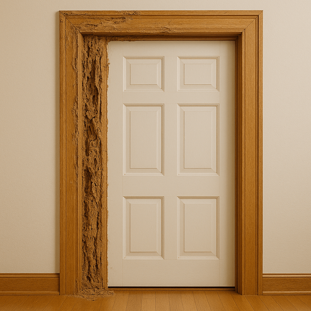 Door frame warping and fitting poorly due to termite wood damage