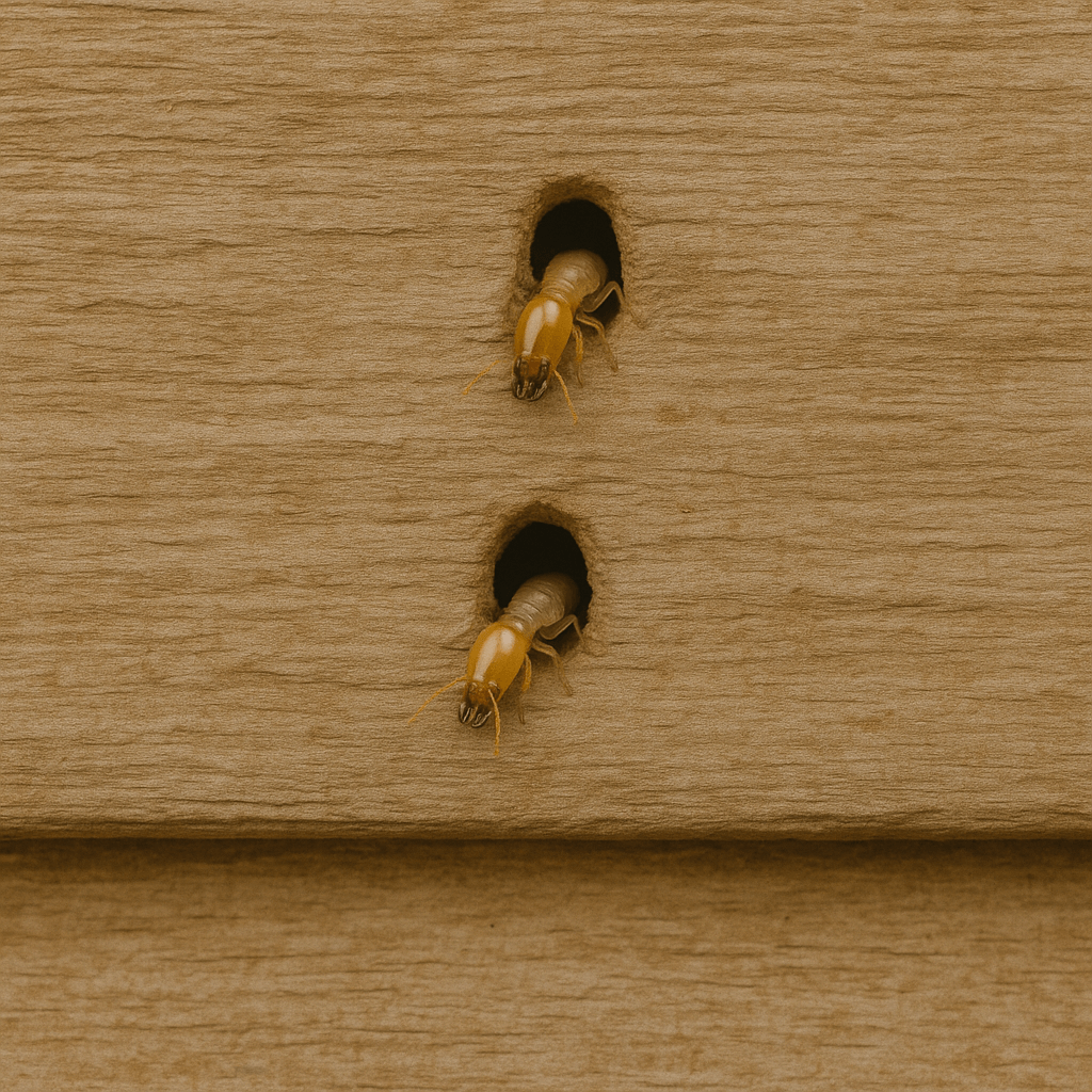 Tiny kick out holes in wood where drywood termites expel waste