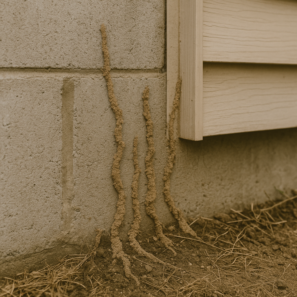 Brown termite mud tubes built along foundation wall providing colony access