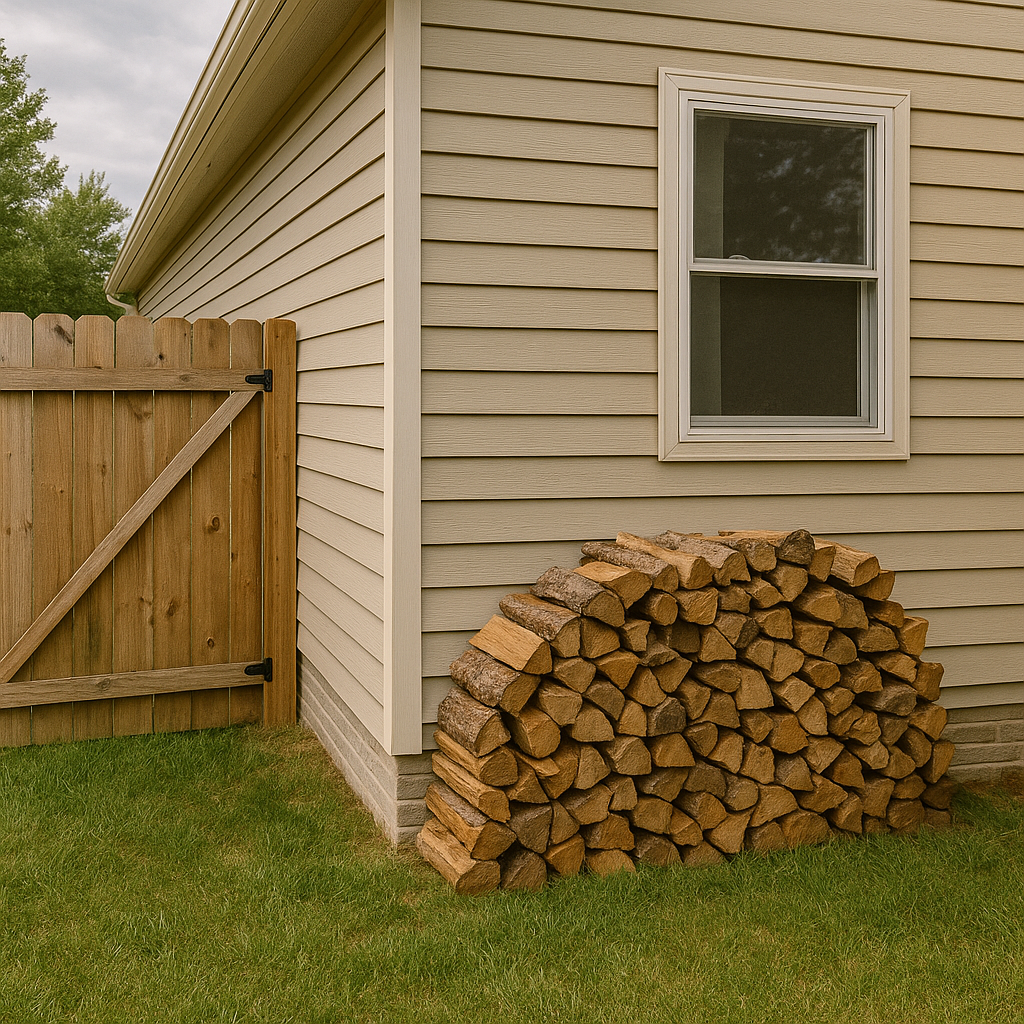 Wood to ground contact and lumber stacked against house attracting termites