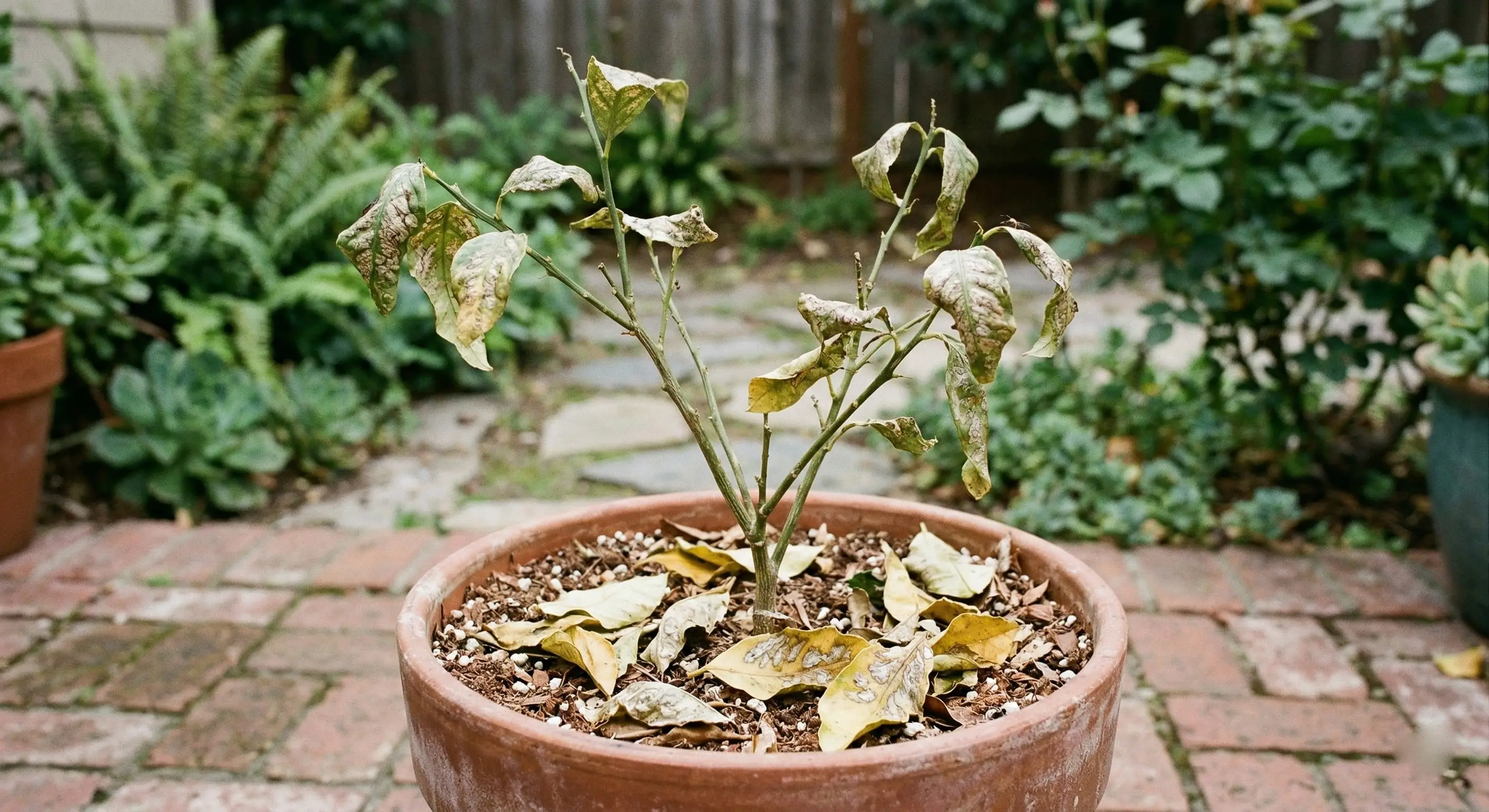 Plant showing premature leaf drop from thrips damage