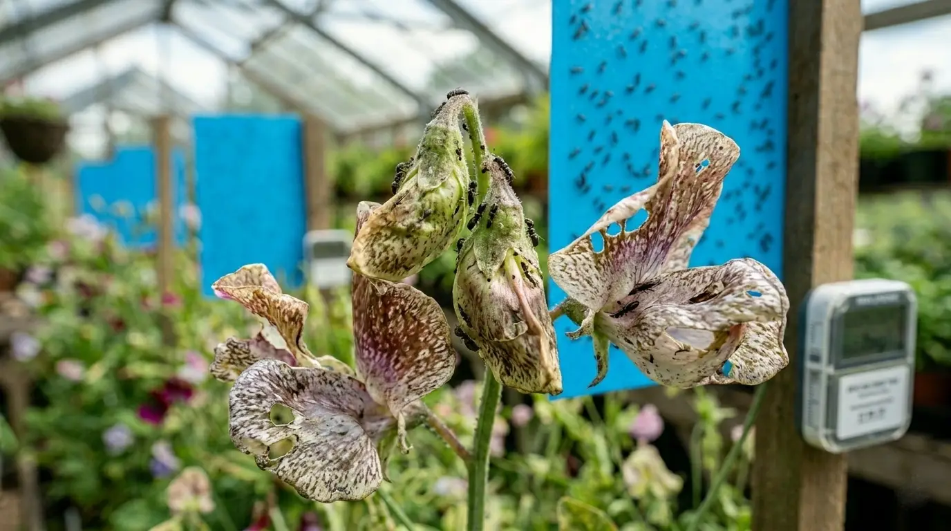 Damaged flower petals and buds from thrips feeding