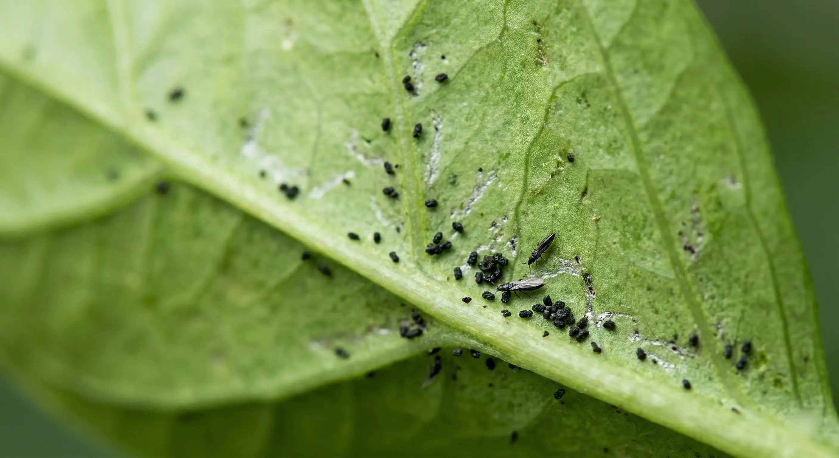Black thrips fecal deposits on plant leaf underside