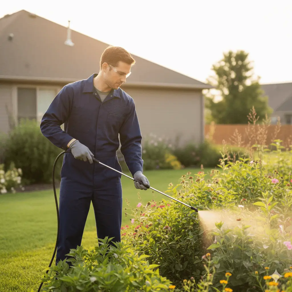 Technician applying organic insecticide treatment for thrips control on garden plants