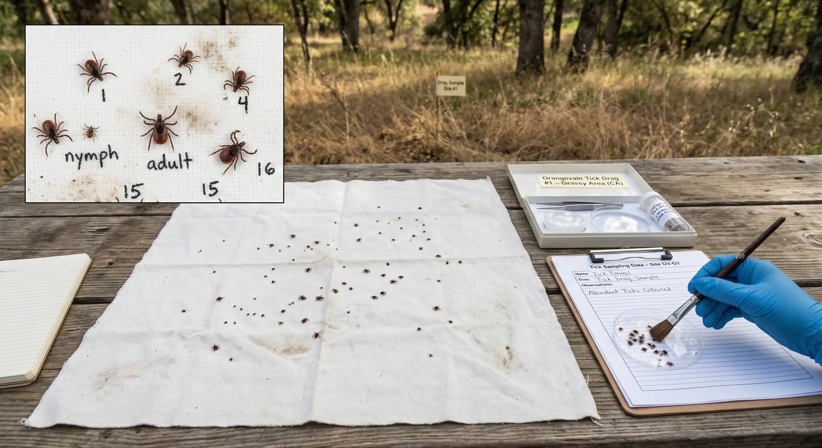 White cloth drag sampling showing collected ticks