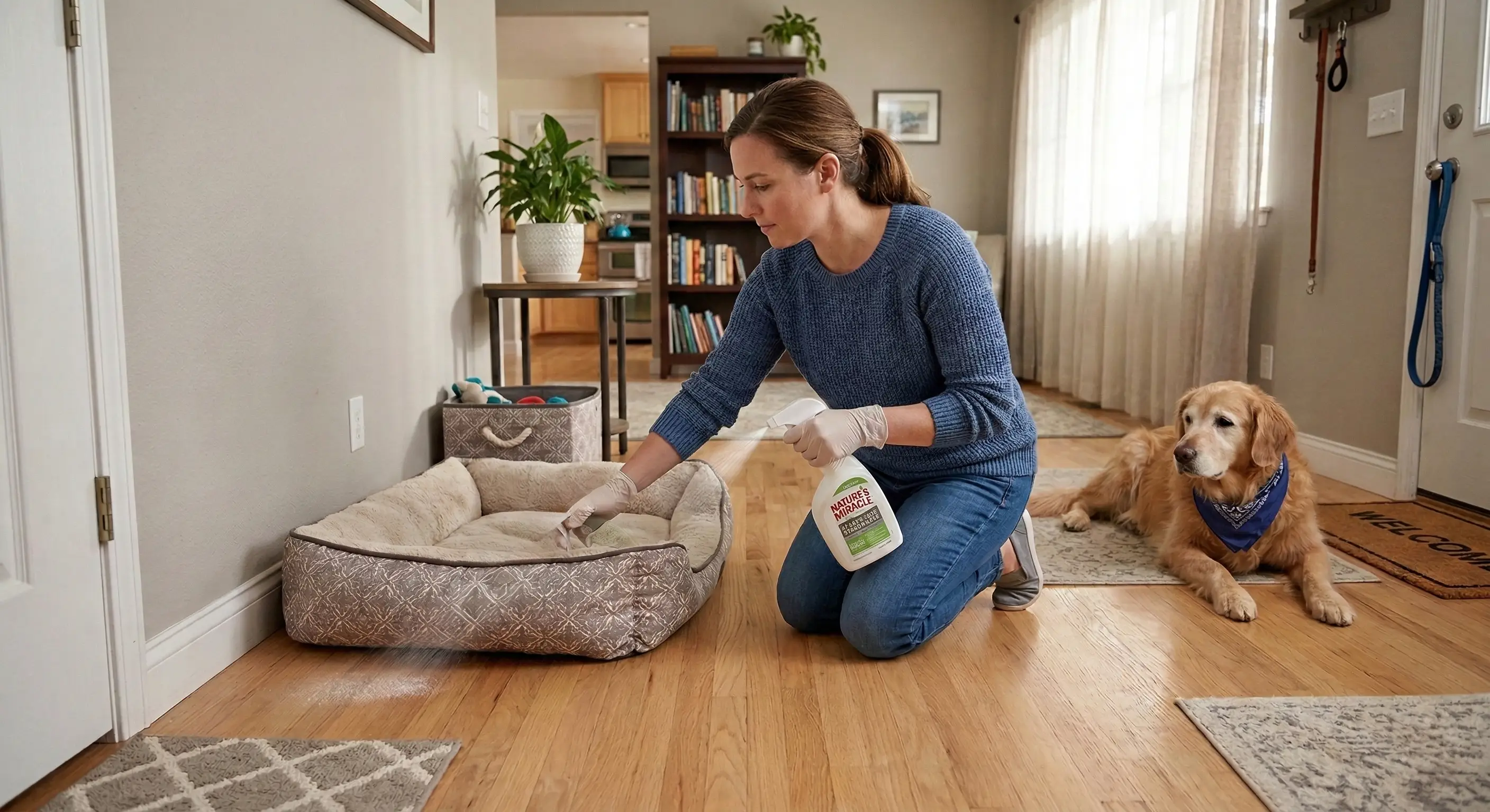 Applying interior spot treatment near pet bedding areas