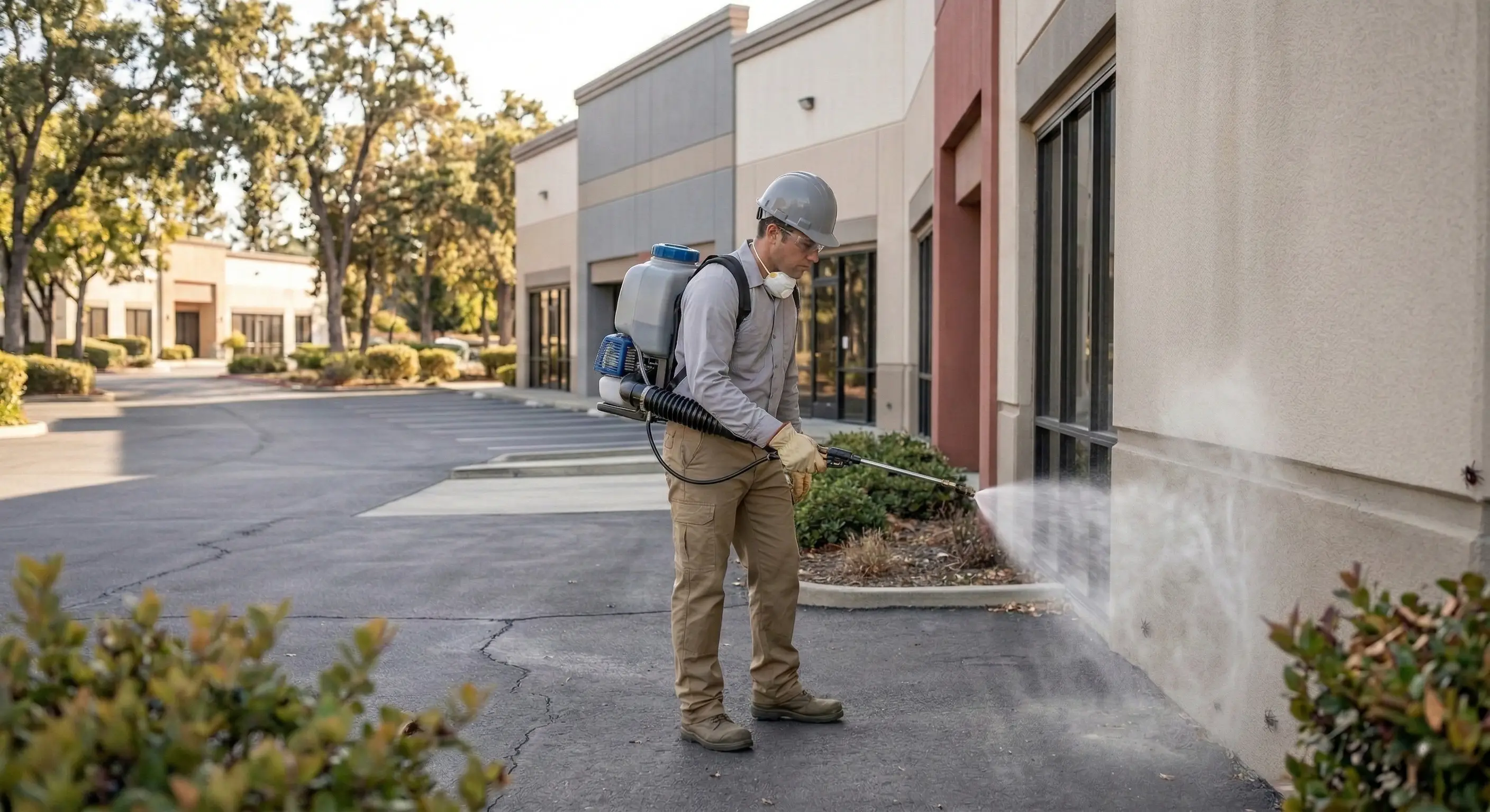 Perimeter treatment application at warehouse exterior