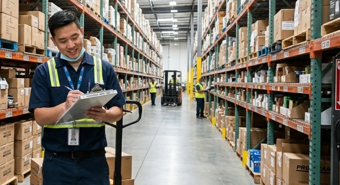 Pest control technician documenting inspection findings in warehouse